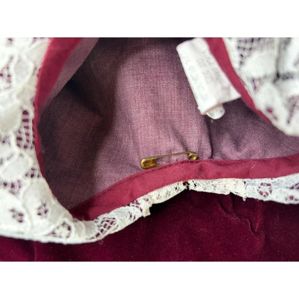 Vintage Girls Burgundy Velvet Lace Collar Dress Size 8 Red Rose Holiday USA Made